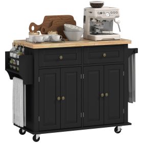 HOMCOM Kitchen Island Cart with Rubber Wood Top, Rolling Kitchen Island Table on Wheels with Drawers, Adjustable Shelves