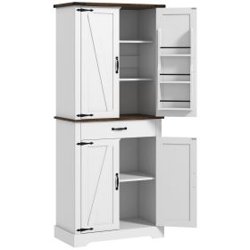 HOMCOM 71" Tall Kitchen Cabinet, Farmhouse Pantry Cabinet w/ Barn Doors, 6 Shelves w/ 2 Doors, Drawer and Adjustable Shelves, White