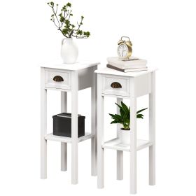 HOMCOM 2-Tier Side Tables Set of 2 with Drawer and Shelf, 2 Pieces End Tables for Living Room and Hallway, White
