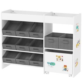 Qaba Kids Toy Storage Organizer with 11 Bins, Moveable Cabinet, Top Shelves, 3 Stickers, for Nursery, Playroom, White
