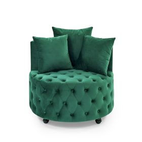 Velvet Upholstered Swivel Chair for Living Room, with Button Tufted Design and Movable Wheels, Including 3 Pillows (Color: GREEN)
